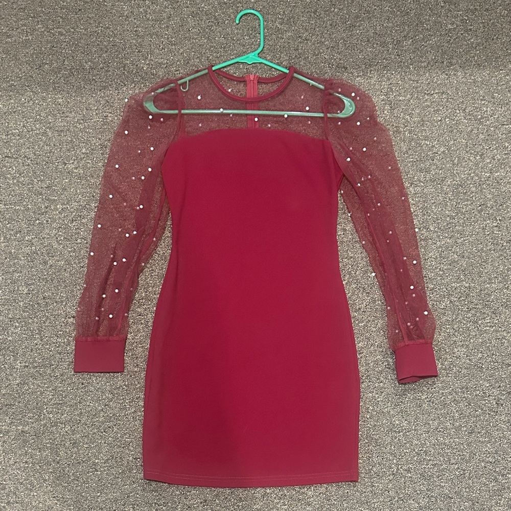 SHEIN Elegant Red Dress with Sheer Embellished Sleeves